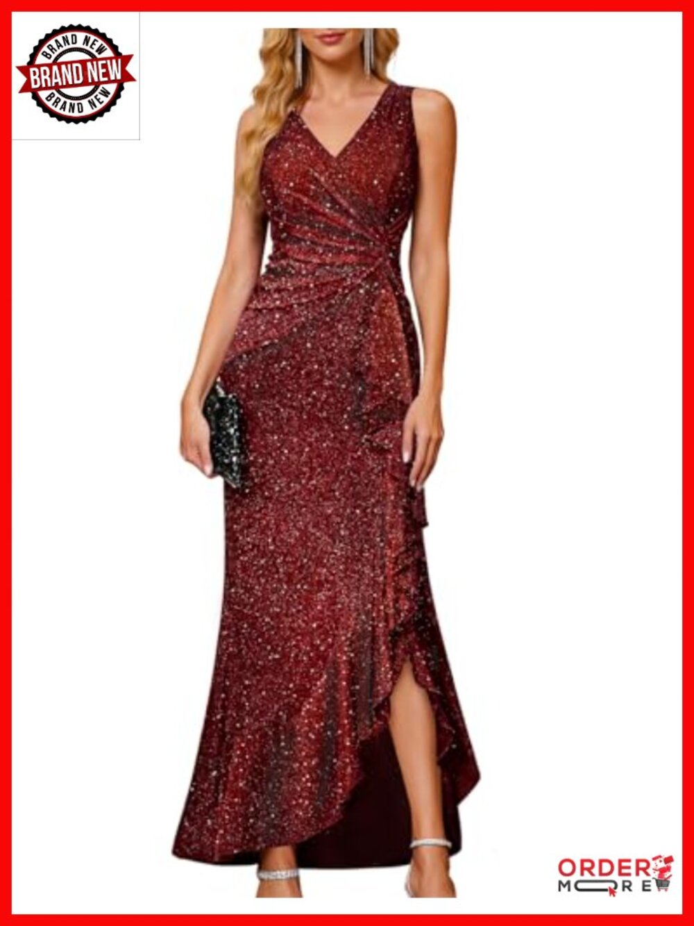 Sequin Formal Long Ruffle Dress with V-Neck Backless Bodycon Midi